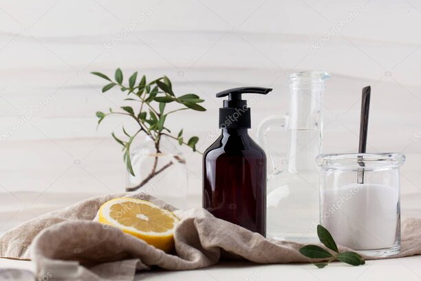 Prodotti per pulizie professionali ecologici su sfondo verde
