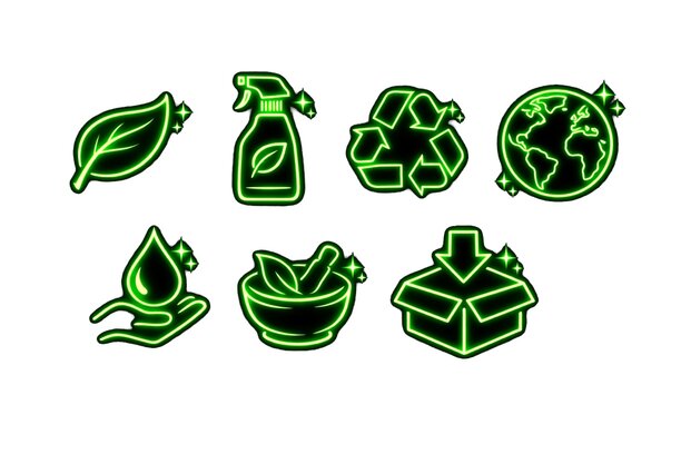Prodotti per pulizie professionali ecologici su sfondo verde